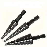 3 wiertła stopniowe 3-12 mm 4-12mm 4-20 mm stożkowe choinkowe HSS