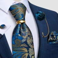 Krawat poszetka spinki broszka obrączka zestaw komplet złoty niebieski