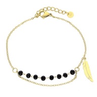 55785 Bransoletka złota stal chirurgiczna piórko i czarne koraliki