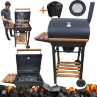 GRILL WĘGLOWY OGRODOWY Z POKRYWĄ ŻELIWNY RUSZT 46x36cm KOMIN TERMOMETR