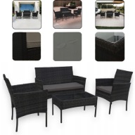 MEBLE OGRODOWE RATTANOWE ZESTAW CZARNY DLA 4 OSÓB SOFA + STOLIK + FOTELE