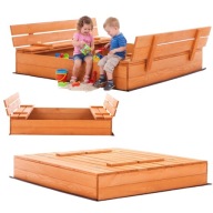 DUŻA PIASKOWNICA ZAMYKANA DLA DZIECI DREWNIANA 120CM ŁAWKI AGROWŁÓKNINA PL