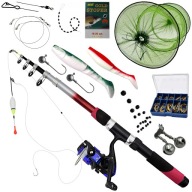 ZESTAW WĘDKARSKI KOMPLETNY WĘDKA SIATKA ŻYŁKA SPŁAWIKI AKCESORIA KOŁOWROTEK