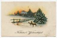 BOŻE NARODZENIE - ZIMOWY KRAJOBRAZ Z DOMAMI I JELENIAMI - 1930