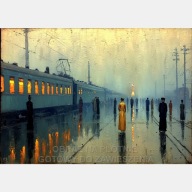 Ludzie na peronie, pociąg obraz olejny na płótnie 55x80 abstrakcja mgła art