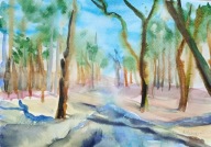 Słoneczny dzień w Borze Głogowskim, akwarela, las, Skoczyk