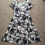 Sukienka damska letnia rozkloszowana różowo-szaro-czarna w kwiaty r. L