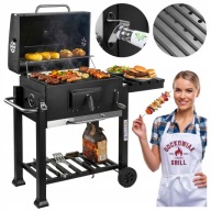 GRILL WĘGLOWY OGRODOWY DUŻY ŻELIWNY RUSZT KÓŁKA PÓŁKI HACZYKI TERMOMETR