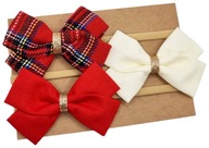 Opaski na głowę z kokardkami na święta kratka czerwona i ecru