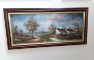Obraz olejny duży 171cm/81cm pięknie namalowany "wieś nad wodą" 1901–1976