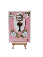 ZAPROSZENIA KOMUNIA DZIEWCZYNKA KIELICH SŁONECZKO W KWIATACH B6 RÓŻ - BIEL