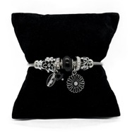 BRANSOLETKA SREBRNA KWIATKI CZARNE STAL CHIRURGICZNA