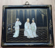 Chiny obraz drewno inkrustowane macicą perłową 3 postacie głowy postaci