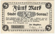 Banknot zastepczy - SORAU - ZARY - 5 Mark - 1918