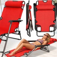 LEŻAK OGRODOWY CZERWONY SKŁADANY FOTEL PLAŻOWY ROZKŁADANY PODUSZKA METALOWY