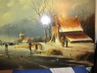 -Przepiekny Stary Obraz Zabawy na Lodzie olejny XIXw