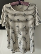 BLUZKA DŁUŻSZA LUŹNA BIAŁA W GRANATOWE PASKI I PTASZKI R.44 PASKI