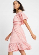 NOWA luksusowa WYSMUKLAJĄCA_KORONKOWA sukienka łosoś_FALBANY_halka_ r.46