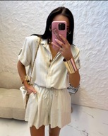 Komplet Spodenki i Bluzka Beżowy w Zielone Paski La Milla 100% lenia