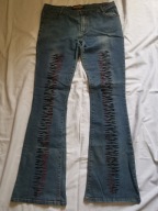 spodnie cienki jeans dżinsowe LEKKIE DZWONY z niebanalną aplikacją r.L/XL