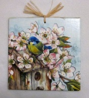 Robótkownia Kafelek obrazek 15x15 Ptak Ptaki Sikorka domek na błękicie le.