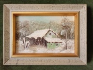 Zima - śliczna ręcznie malowana miniatura olejna na desce