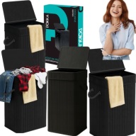 KOSZ NA PRANIE BAMBUSOWY SKŁADANY WĄSKI 72L CZARNY – JEDNOKOMOROWY