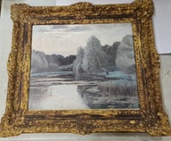 Nastrojowy pejzaż zimowy – gwasz na papierze w starej, dekoracyjnej ramie