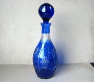 Karafka KRYSZTAŁ Szkło WARSTWOWE KOBALT Szlif RĘCZNY Huta HORTENSJA z PRL