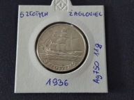 Moneta 5 złotych żaglowiec 1936, super stan, srebro (149)