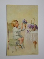 Dziecko układa bukiet kwiatów - proj. Wally Fialkowska - stara pocztówka