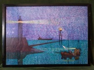 Port nocą - bardzo ciekawy duży obraz ręcznie malowany kreskami