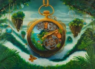 Motyle i grzyby, obraz olejny, A. Janik, 58x78, surrealizm