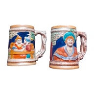 Dwa ceramiczne kufle ze scenką rodzajową. Majolika, Bawaria lub Tyrol.