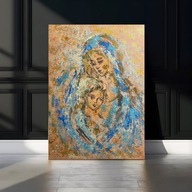 Obraz Duży Matka Boża z Dzieciątkiem malowany na płótnie niebieski złoto