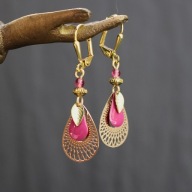 Kolczyki damskie wiszące Premium Handmade złoto fuksja boho hippie