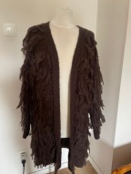 Sweter Kardigan z frędzlami „mop” oversize brąz