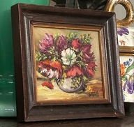 SYGNOWANY OBRAZ OLEJ W DREWNIANEJ RAMIE PIĘKNE KWIATY BUKIET