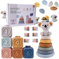 KLOCKI SENSORYCZNE GUMOWE MIĘKKIE KREATYWNE WIEŻA MONTESSORI PIRAMIDA MIŚ