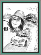 Karykatura ze zdjęcia dla kierowcy rysunek wykonany ręcznie ołówkiem