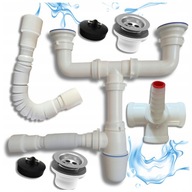 SYFON ODPŁYW DWUKOMOROWY ZLEWOZMYWAKA BIAŁY 50MM SITKO CHROM DO ZLEWU DOMU