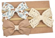 Opaski kokardki komplet dla dziewczynki kwiatuszki koronka i chłodny beż