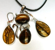 Tygrysie oko, kamień sukcesu - wisiorek z brązowym kotkiem i kolczyki