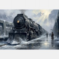 Lokomotywa pociąg peron obraz na płótnie 55x80 olejny sci-fi monumentalny