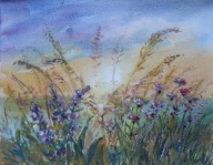 kwiaty ,łąka,słońce Akwarela Sabina Salamon 30x24