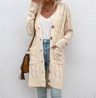 MODNY DAMSKI SWETER CIEPŁY DŁUGI PŁASZCZ NA GUZIKI JESIENNY ZIMOWY