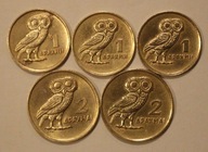 SOWA ATEŃSKA 3 x 1 DRACHMA i 2 x 2 DRACHMY 1973 GRECJA - ZESTAW 5 SZTUK