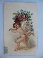 ZAGINIONY ŚWIAT AMOREK Z KOSZEM KWIATÓW przedwojenna POCZTÓWKA WYTŁACZANA
