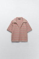 Z A R A paski prążki top t-shirt kołnierz polo szydełkowa beżowy czerwona