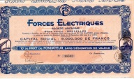 Belgia–1/10 Part de Fondateur Forces Electriques 1928 z kuponami ilustracje